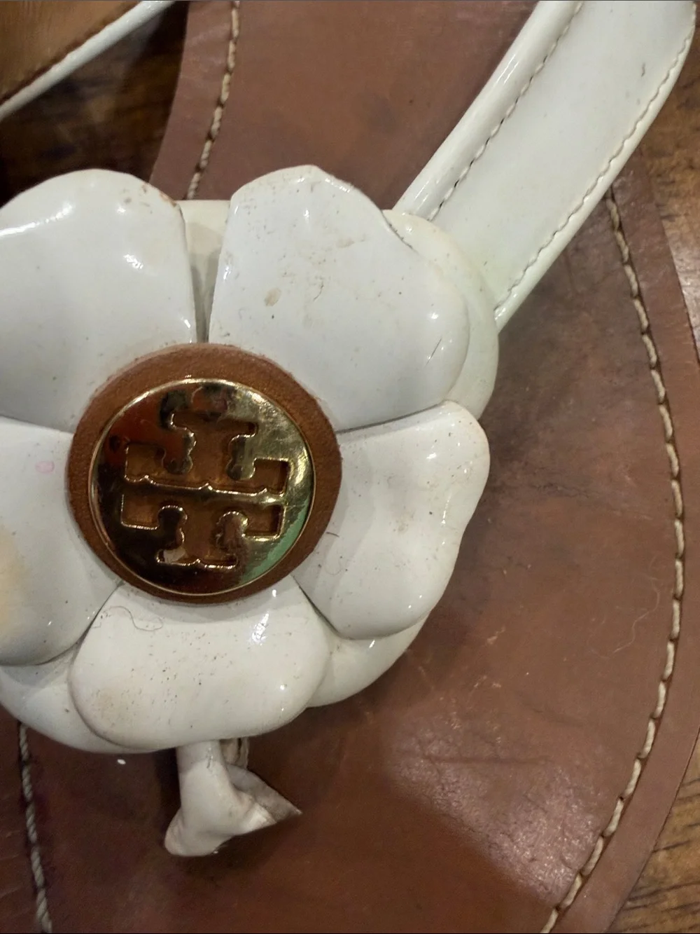 Tory Burch White Floral Logo Thong Sandals